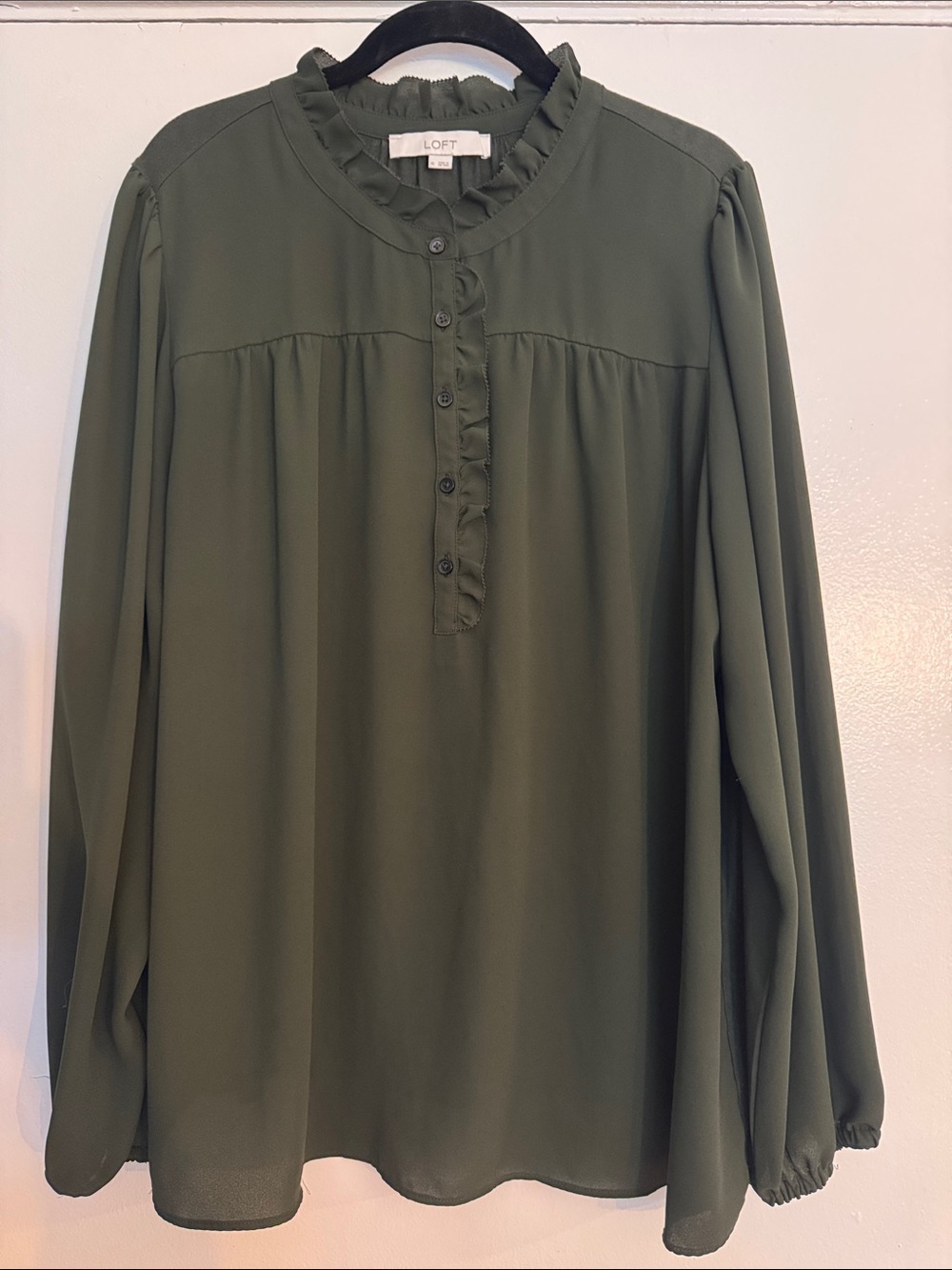 LOFT Olive Green Ruffle-Trim Henley Blouse, XL